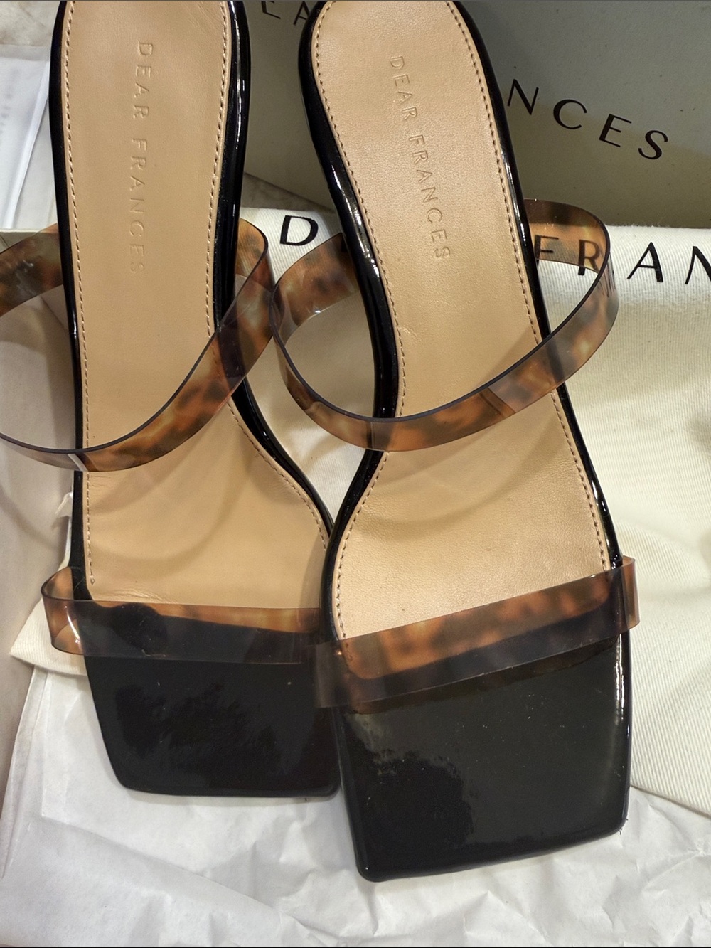 Dear Frances Black Patent Mules with Tortoiseshell Clear Straps - Picture 2 of 4